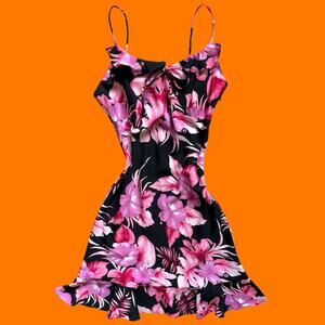 90's 00's vintage black and pink floral frilly spaghetti strap y2k dress Size 8P